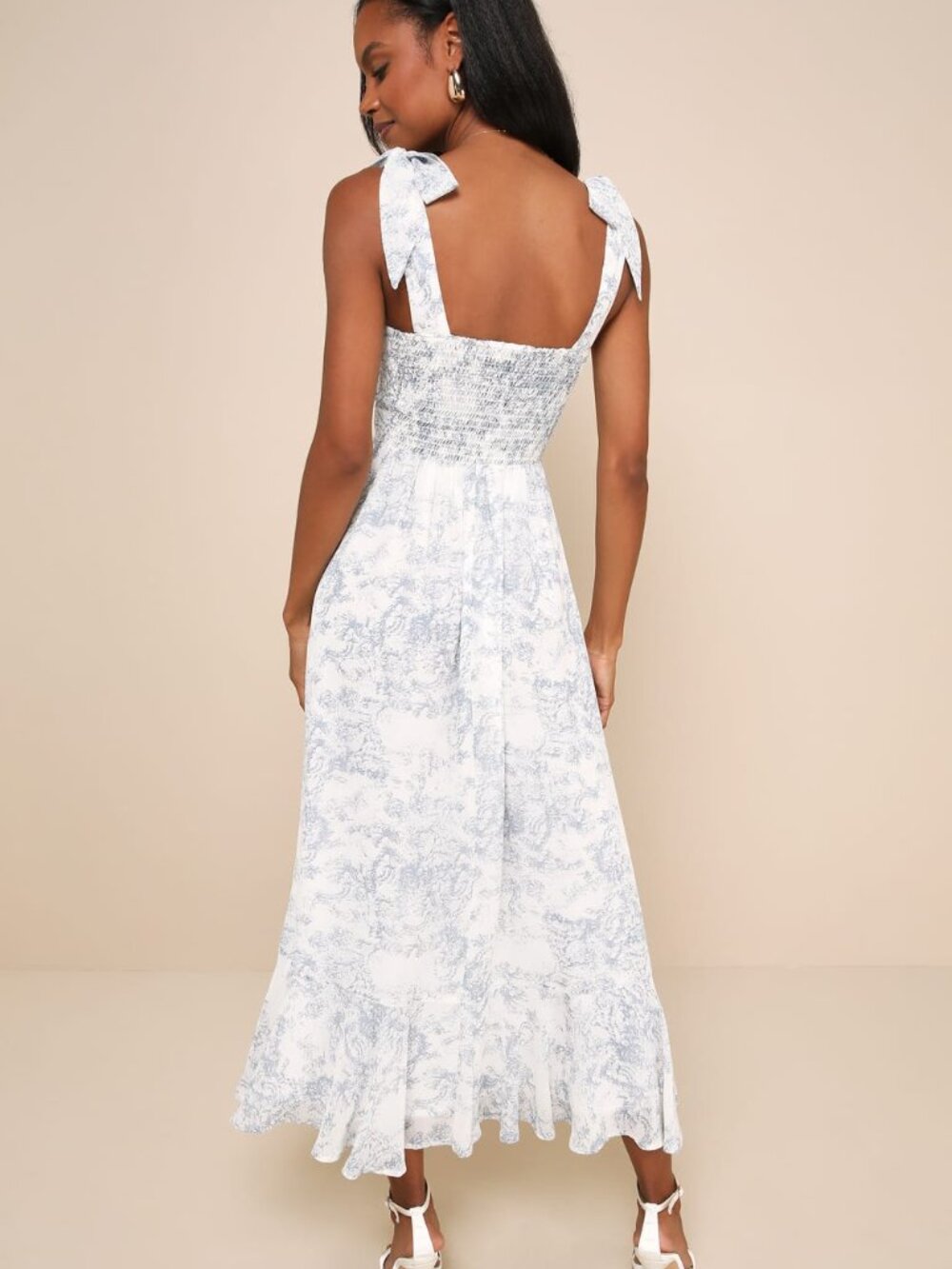 Lulus Summer Invite White And Blue Toile Tie-strap Tiered Midi Dress - Size M - Picture 2 of 2